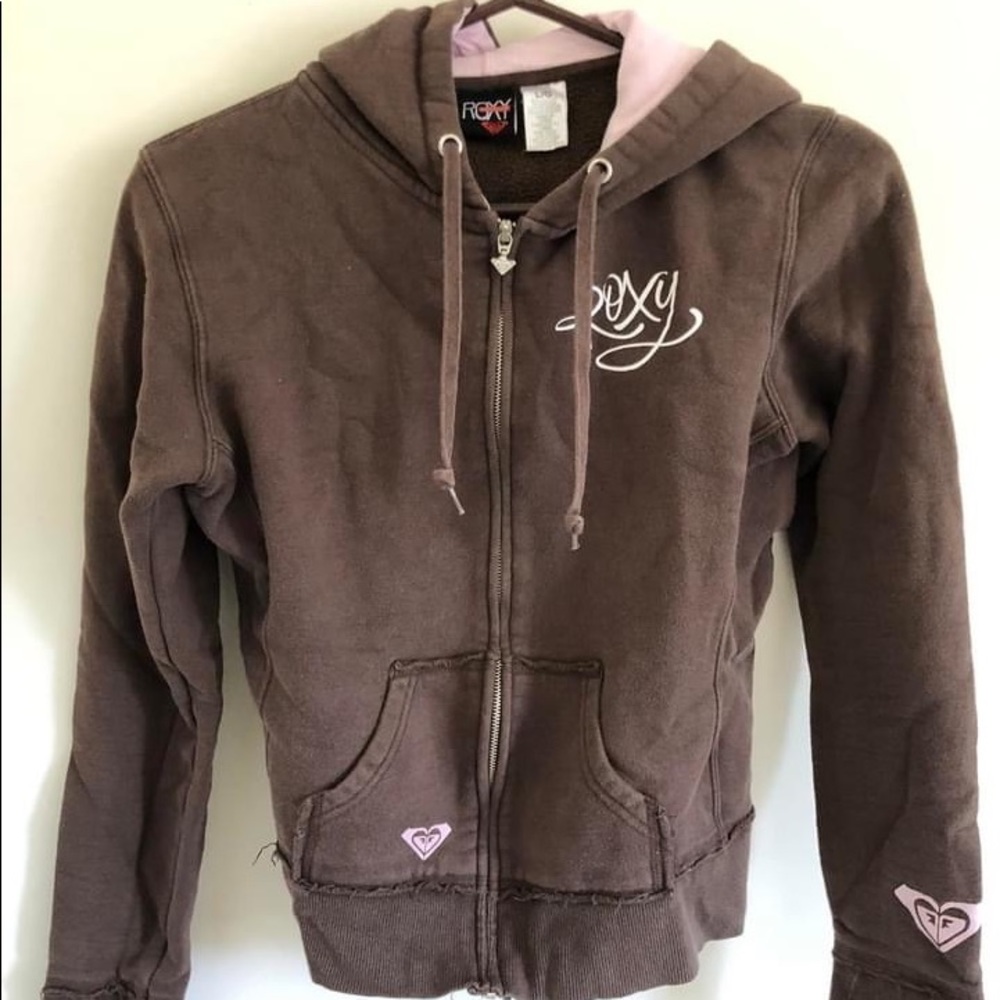 Roxy Hoodie Sweatshirt Brown pink logo design